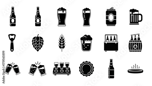 Black Silhouette 18 Beer Icon Set - Bottle, Glass, Pint, Vector Drink Symbols