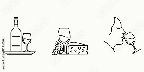 Minimalist black outline icons depicting wine appreciation with wine glass isolated on color background