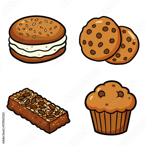 Collection of Healthy Sweets for Kids themed icons, including Rice Cake, Oatmeal Cookie, Granola Bar, Muffin