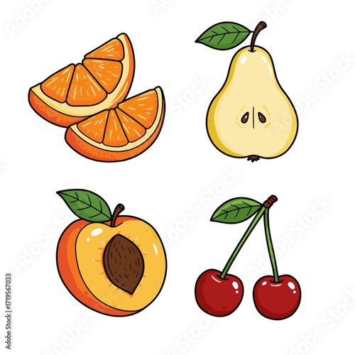 Collection of Healthy Sweets for Kids themed icons, including Orange Wedges, Pear, Peach, Cherries