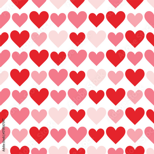 A simple and sweet seamless pattern with orderly rows of hearts in romantic shades of red and pink for Valentine's Day. vector illustration