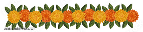 Indian floral garland. Leaves, marigold zendu flower isolated on transparent background. Pongal, Ugadi, diwali, ganesha festival poojas wedding decor. Dia de los Muertos holiday. Vector illustration