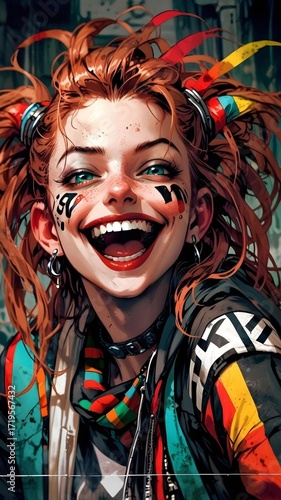 Anime cartoonish style - girl with coloured hair laughing in a troubling way..