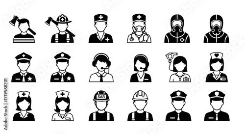 Firefighters, Police Officers, Healthcare Professionals, and Workers Diverse Icon Collection 