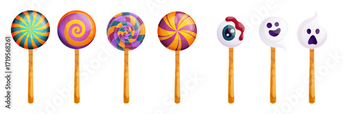 A set of lollipops, spirals, candies in the shape of ghosts, eyeballs. Trick or Treat. The concept of Halloween, a holiday. Isolated vector illustration for stickers, design, decoration.