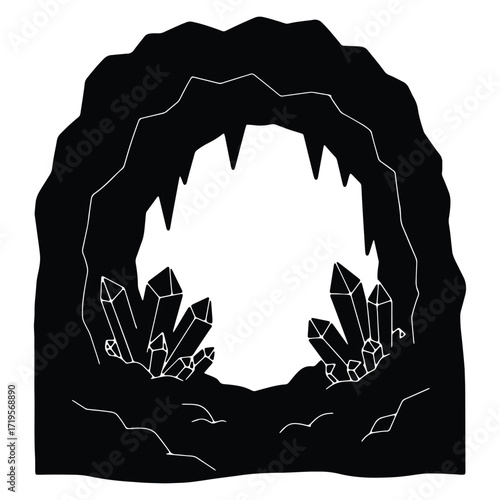 Mysterious crystal cave entrance monochrome illustration dark and light contrast