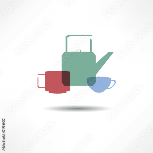 Colorful kettle and cups arranged artistically on a simple background showcasing beverage culture