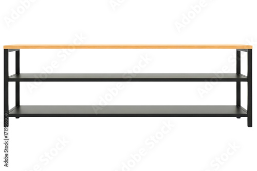 Industrial shoe rack with wood top and two black metal shelves isolated on a transparent background