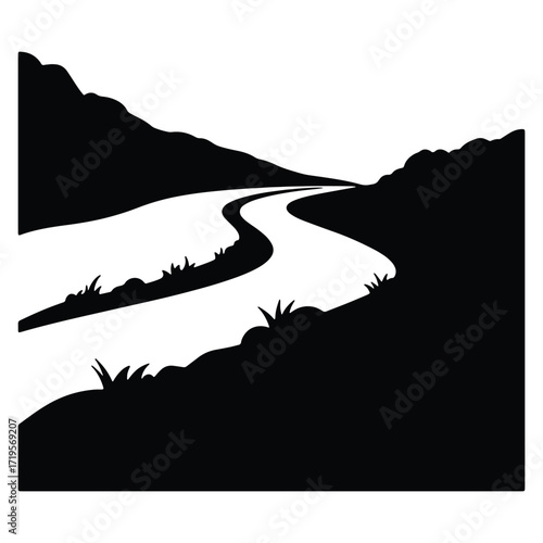 Scenic River Valley Landscape Silhouette with Mountains and Vegetation Design