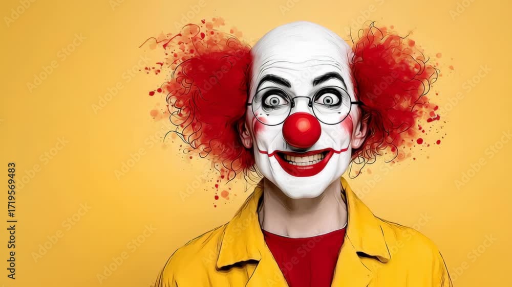Clown with red hair and a red nose is wearing glasses and a yellow ...