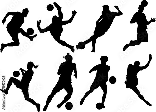 "Black Silhouette Soccer Players Performing Skills"
"Vector-style silhouettes of soccer players engaging in different football actions, including acrobatic kicks and dribbles. 