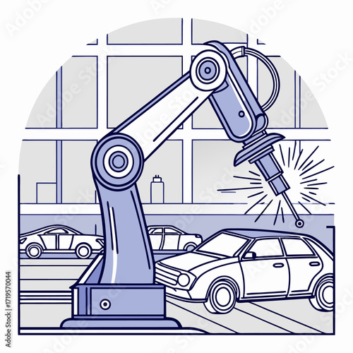 Modern industrial robot arm vector in an automotive factory assembly line. Perfect for technology automation engineering manufacturing and industry themed designs.
