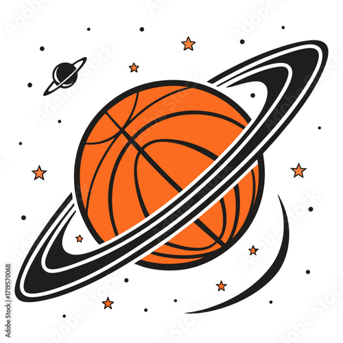 Vector illustration of a basketball designed as a planet with space rings and stars. Perfect for sports, cosmic design, creative artwork, and basketball themed projects.