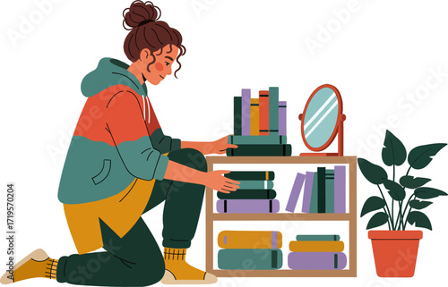 Illustration of a young woman kneeling while arranging books on a shelf next to a plant, mirror, and warm home decor. Young woman organizing books on a wooden shelf in a home setting.