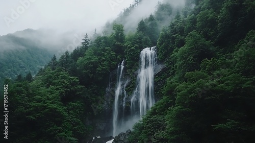 A stunning waterfall cascades down a lush, green mountainside, shrouded in mist, creating a serene and picturesque scene of natural beauty