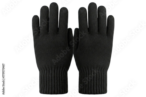 Pair of warm black knitted winter gloves with ribbed cuffs isolated on a transparent background