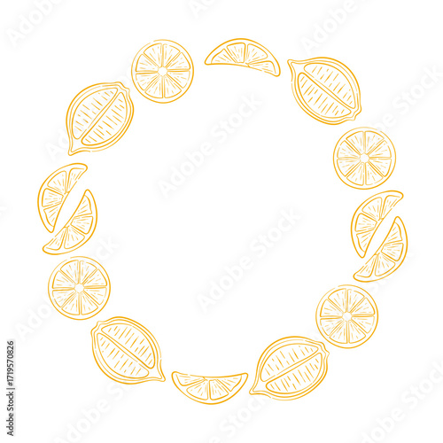 Circular frame border made of line art style lemon slices on white background with empty center space for text or design.