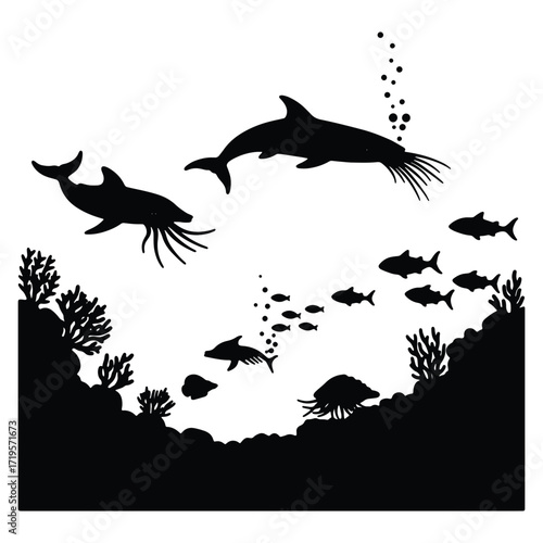 Underwater world silhouette with dolphins coral reef and school of fish