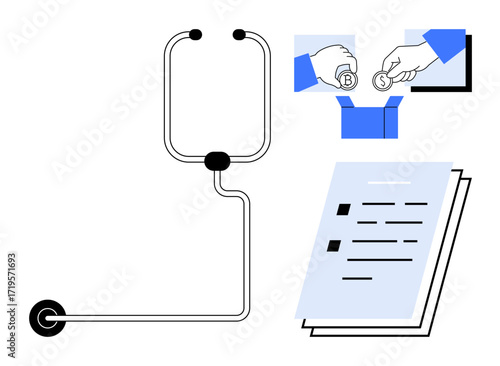 IV drip signifies medical care hands exchange money over a donation box, symbolizing funding documents represent records or research. Ideal for healthcare, funding, charity, research, paperwork