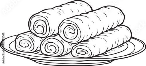 Tempura Spring Rolls Simple Sketch Drawing Hand-drawn Doodle Vector Illustration for Restaurant Café Menu, Isolated Black and White