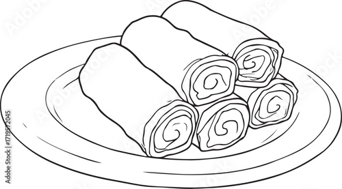 Tempura Spring Rolls Simple Sketch Drawing Hand-drawn Doodle Vector Illustration for Restaurant Café Menu, Isolated Black and White