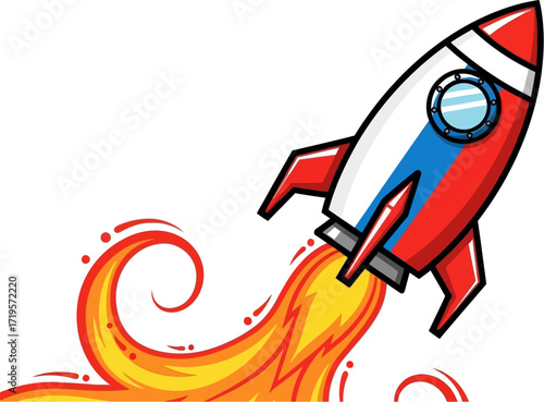 Dynamic cartoon rocket blasting off with fiery exhaust against a white background, symbolizing speed and innovation.