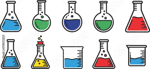 A collection of colorful laboratory flasks and beakers filled with liquids, representing science and experimentation.