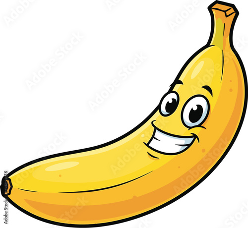 Cheerful cartoon banana with a big smile and wide eyes, isolated on white background.