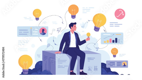 An entrepreneur immersed in brainstorming surrounded by bright ideas and business analytics clean