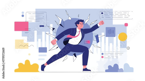 An ambitious businessman breaking barriers and smashing through a wall in colorful digital graphics