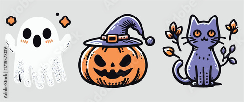Spooky halloween trio ghost pumpkin cat whimsical spooky season holiday cartoon fun