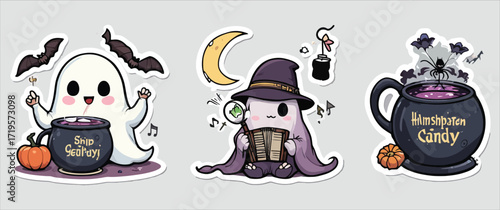 Cute kawaii halloween characters ghost witch and cauldron stickers for festive fun