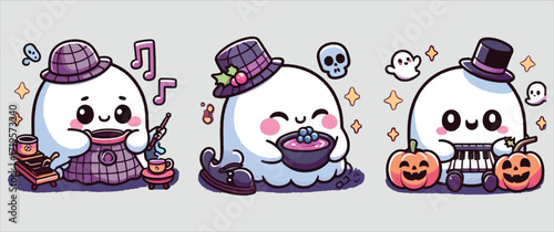 Cute kawaii ghosts dressed for halloween with pumpkins and top hats adorable festive art