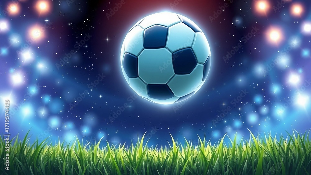 Fototapeta premium glowing football floating above grass with sparkling lights and dreamy magical background.