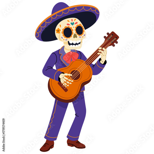 Mexican Day of the Dead mariachi skeleton with guitar