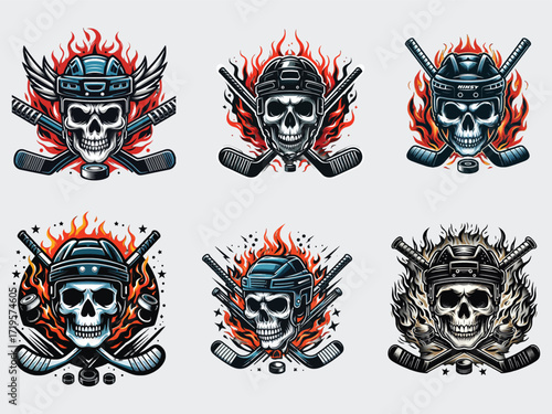 Aggressive hockey skull designs with fiery accents and crossed sticks for intense sports graphics