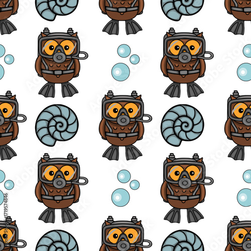 Seamless vector pattern featuring adorable scuba diving owls, ammonites, and air bubbles, creating a playful underwater adventure theme.