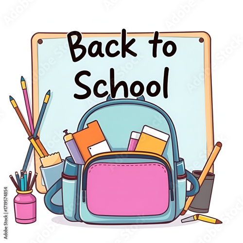 Back to school banner with signa stationery and books in backpack vector illustration on white background