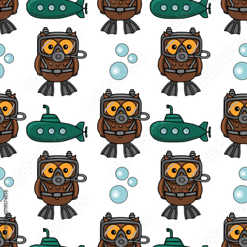 Seamless vector pattern featuring adorable scuba diving owls and mini submarines, creating a playful underwater adventure scene with teal and brown color palette.