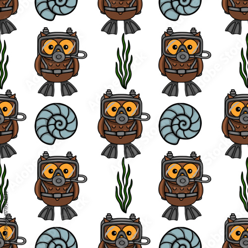 Seamless vector pattern featuring adorable cartoon owls in scuba gear, alongside seashells and seaweed, creating a playful underwater adventure theme.