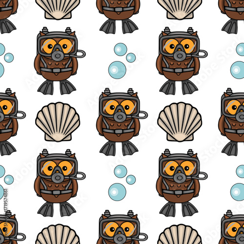 Seamless vector pattern featuring adorable cartoon owls scuba diving, complete with diving gear, alongside seashells and bubbles, creating a playful underwater scene.