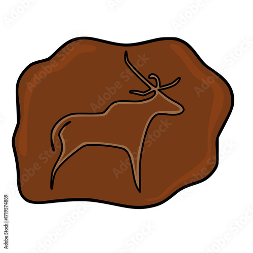 A vector illustration of a prehistoric cave painting depicting a deer on a brown, irregularly shaped rock, showcasing a simplistic yet evocative style.