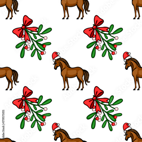 Seamless vector Christmas pattern featuring brown horses wearing Santa hats and mistletoe sprigs with red bows, creating a festive and whimsical design perfect for holiday backgrounds and prints.