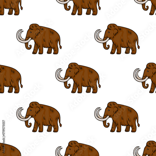 Seamless vector pattern featuring charming brown woolly mammoths, a delightful illustration perfect for textile prints, kids' apparel, or playful backgrounds.