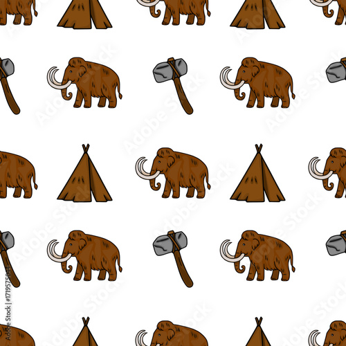 Seamless vector pattern featuring hand-drawn illustrations of woolly mammoths, stone-age tents, and primitive axes, rendered in a brown and white color scheme, ideal for textile prints or prehistor...