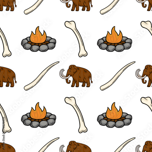 Seamless vector pattern featuring woolly mammoths, campfire, and mammoth bones, illustrated in a hand-drawn style with brown and beige tones against a white background.