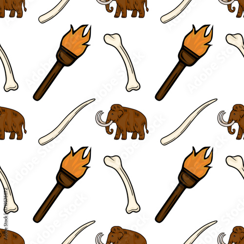 Seamless vector pattern featuring hand-drawn illustrations of woolly mammoths, ancient torches, and mammoth tusks and bones, creating a prehistoric-themed design.