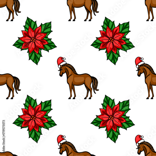 Seamless vector Christmas pattern featuring brown horses wearing Santa hats and vibrant poinsettia flowers, creating a festive and cheerful holiday design.