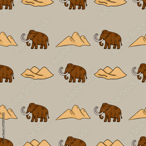 Seamless vector pattern featuring hand-drawn mammoths and stylized sand dunes in a repeating design, showcasing a unique blend of prehistoric animals and landscape elements.