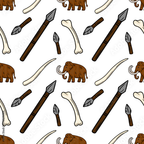 Seamless vector pattern featuring hand-drawn illustrations of woolly mammoths, ancient spears, and mammoth tusks and bones, creating a prehistoric theme.